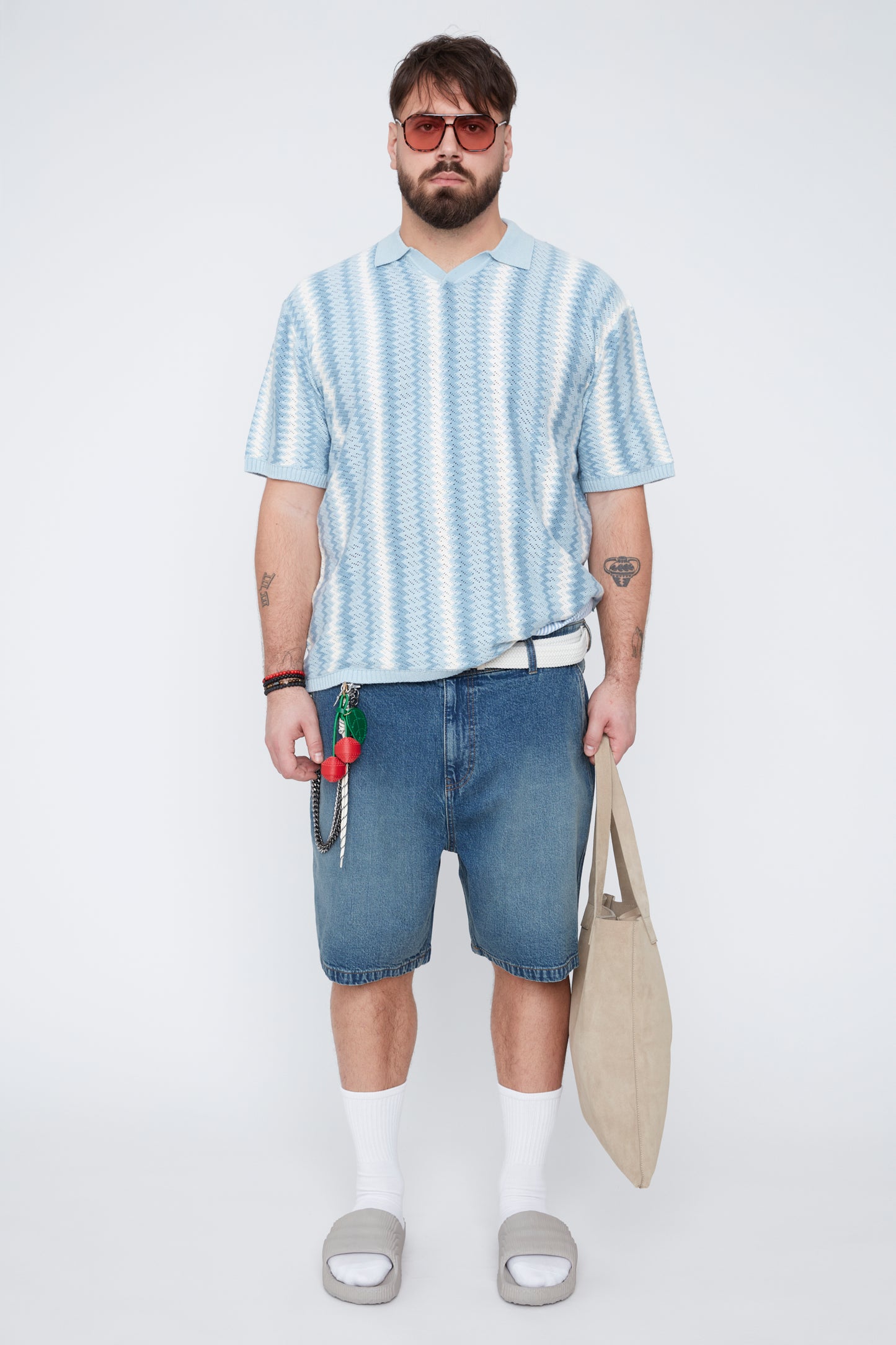 Men's Textural Striped Johnny Collar Sweater Knit Polo