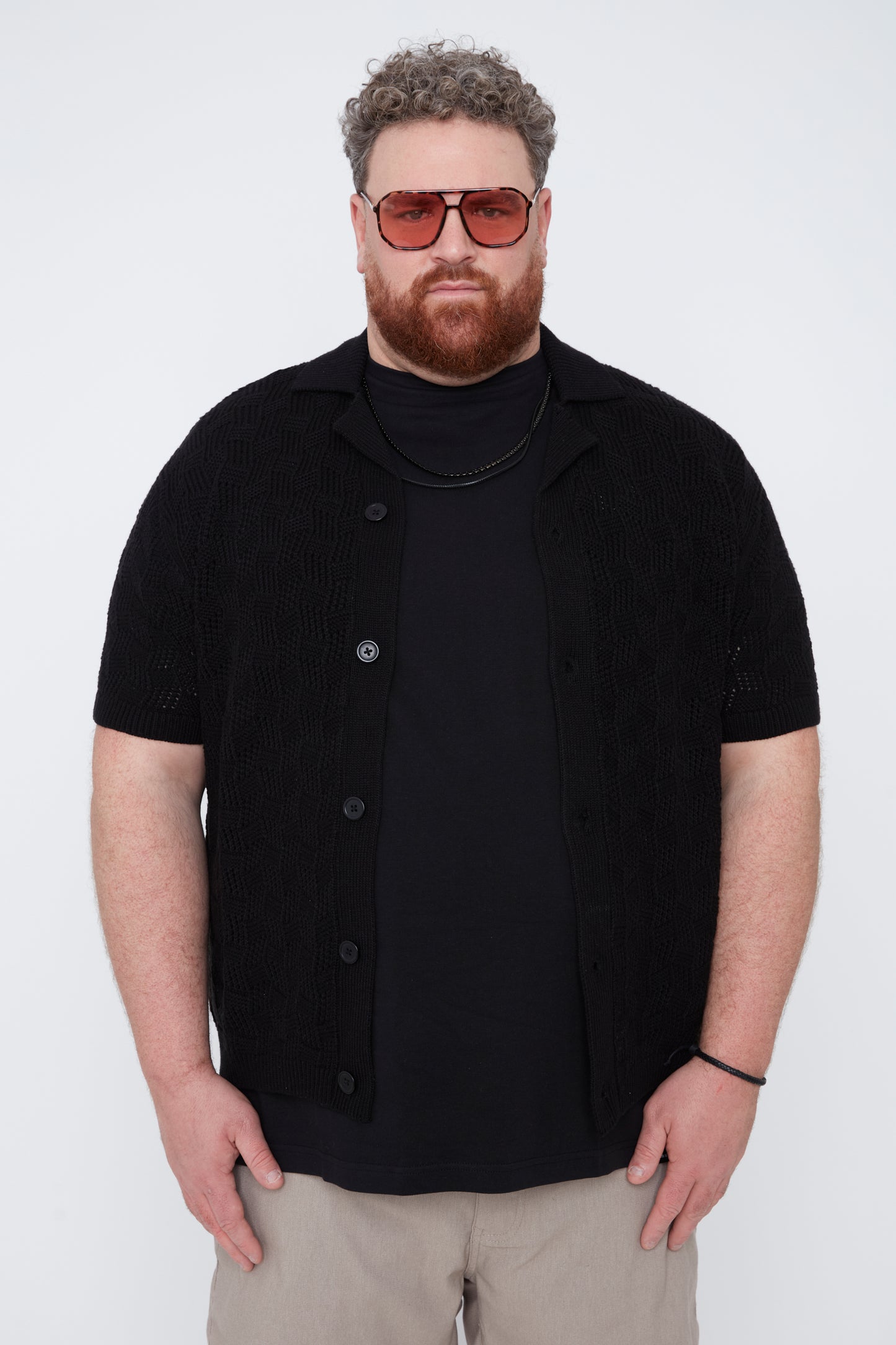 Men’s Openwork Jacquard Knit Resort Collar Shirt