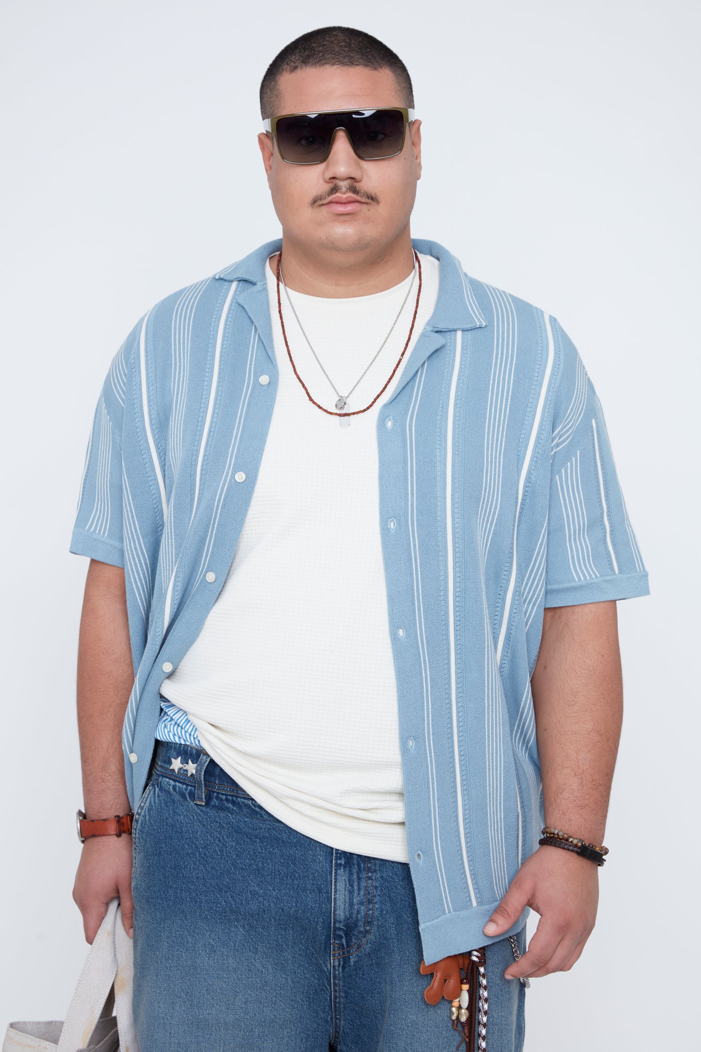 Men’s Button-Up Striped Knit Resort Collar Shirt