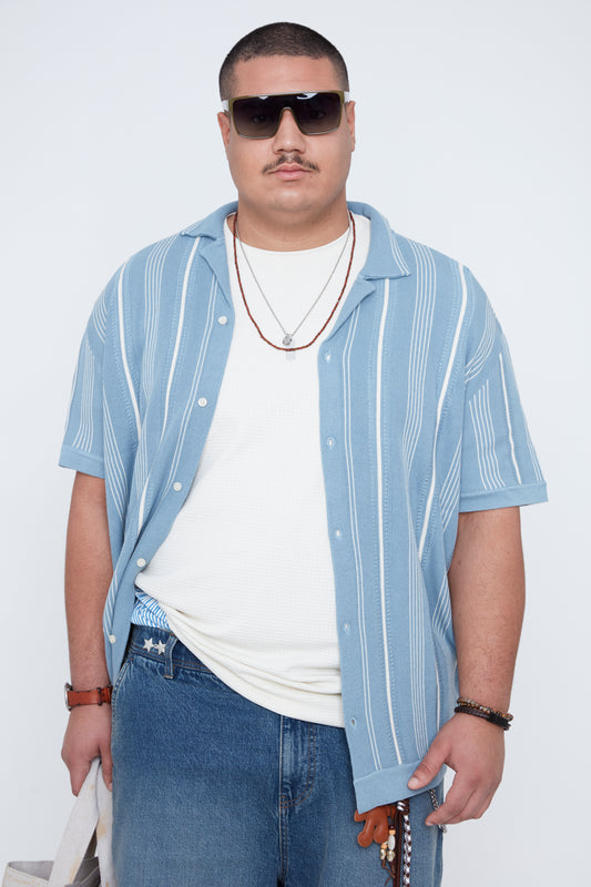 Men’s Button-Up Striped Knit Resort Collar Shirt