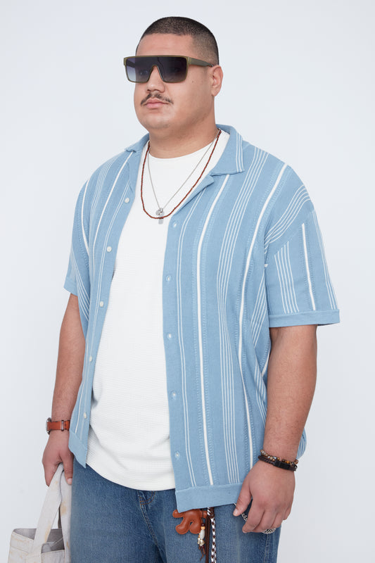 Men’s Button-Up Striped Knit Resort Collar Shirt