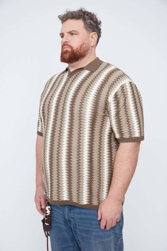 Men's Textural Striped Johnny Collar Sweater Knit Polo