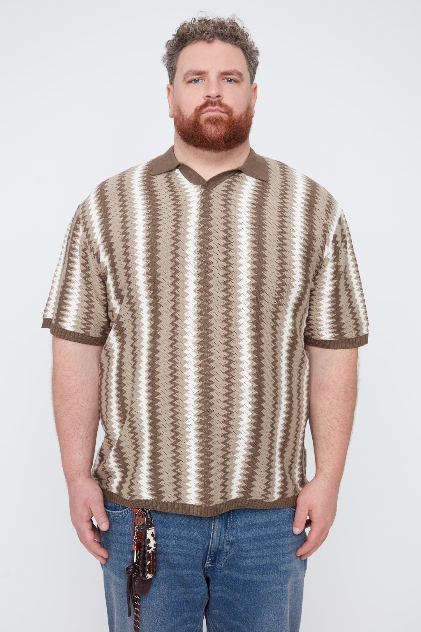 Men's Textural Striped Johnny Collar Sweater Knit Polo