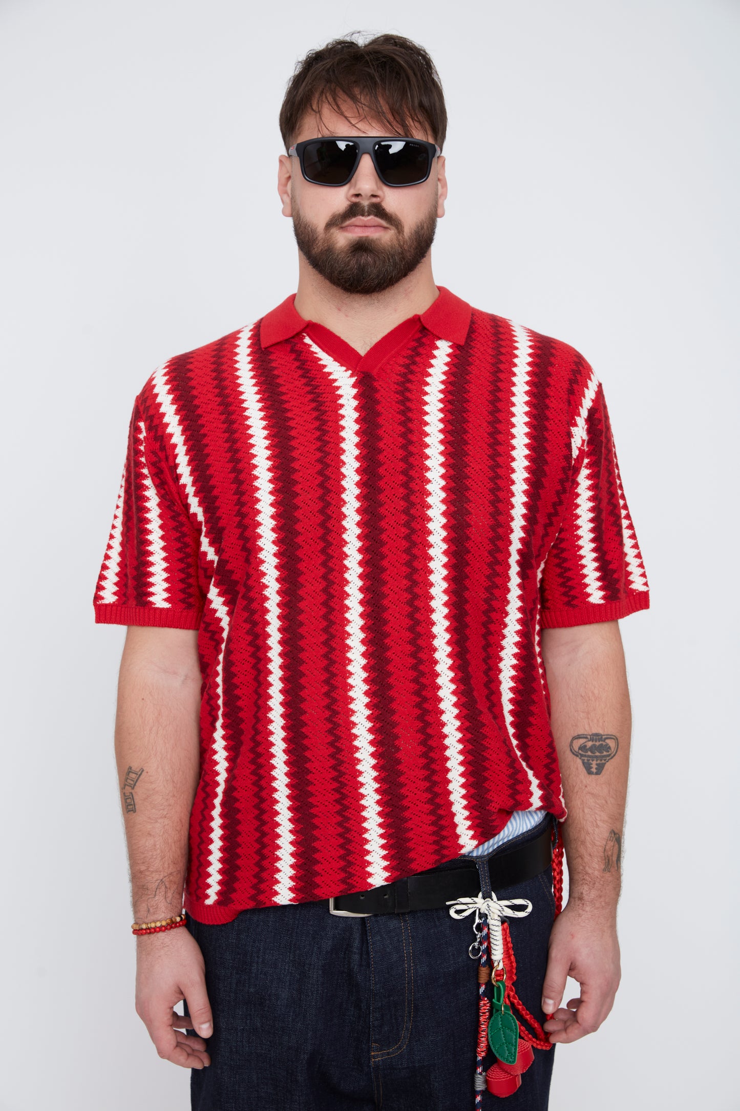 Men's Textural Striped Johnny Collar Sweater Knit Polo
