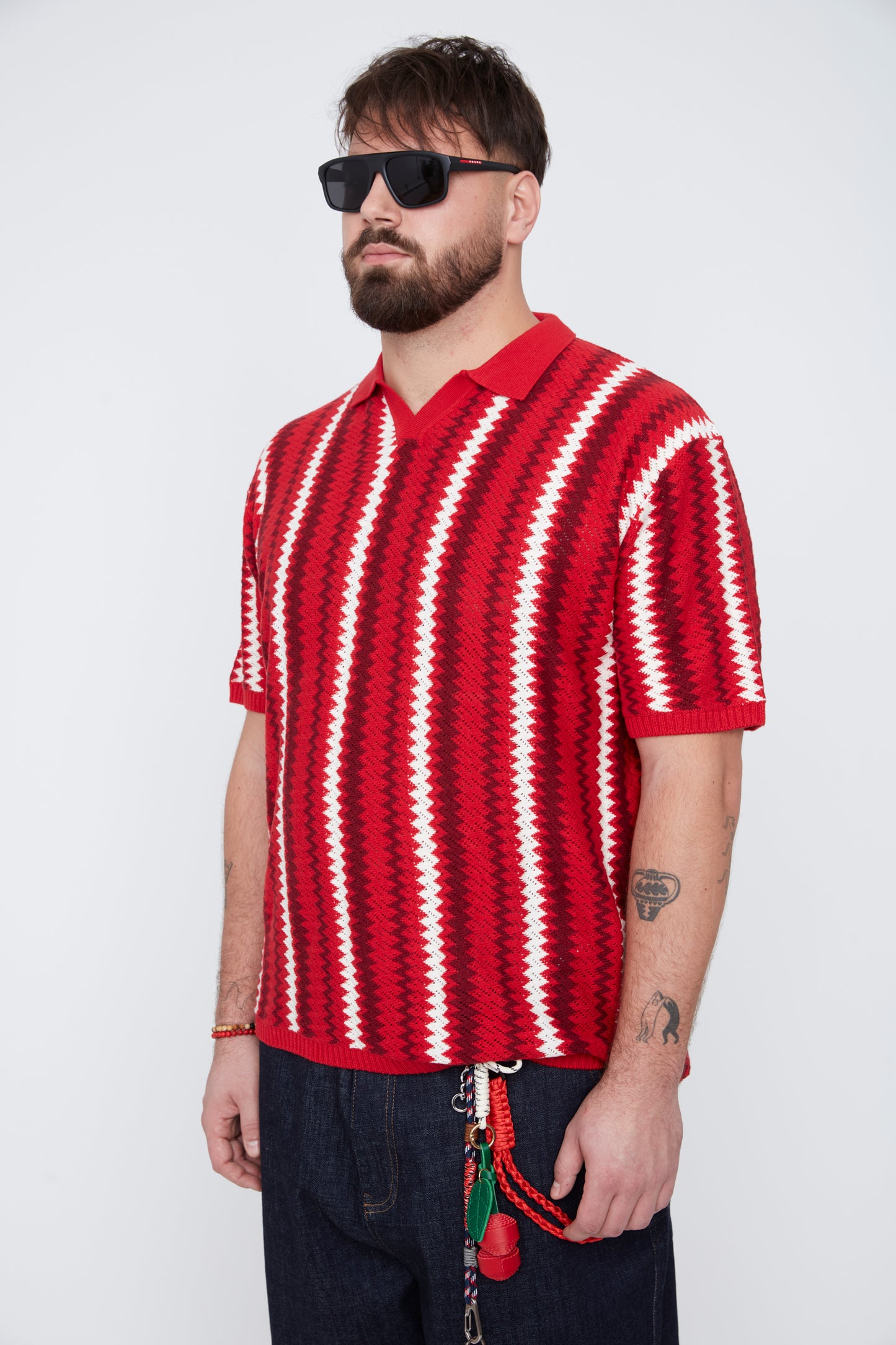 Men's Textural Striped Johnny Collar Sweater Knit Polo