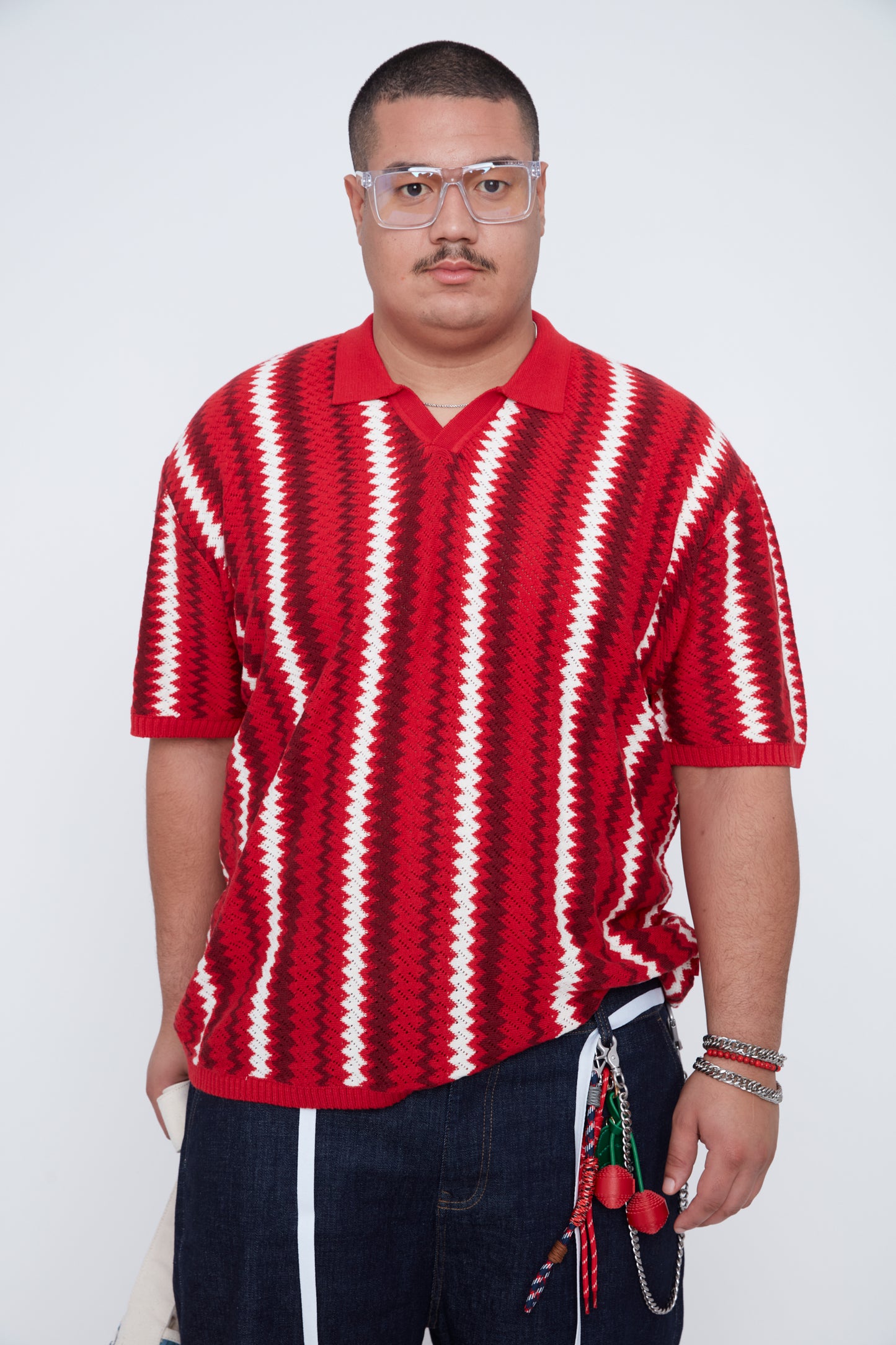 Men's Textural Striped Johnny Collar Sweater Knit Polo