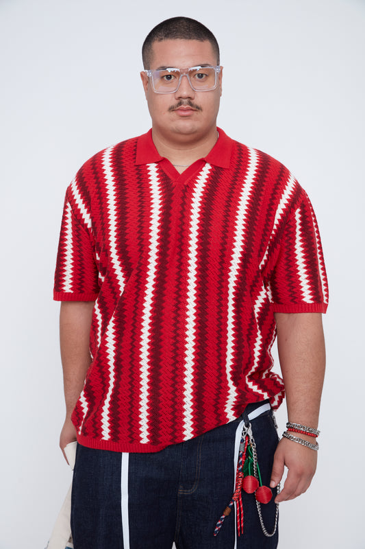 Men's Textural Striped Johnny Collar Sweater Knit Polo