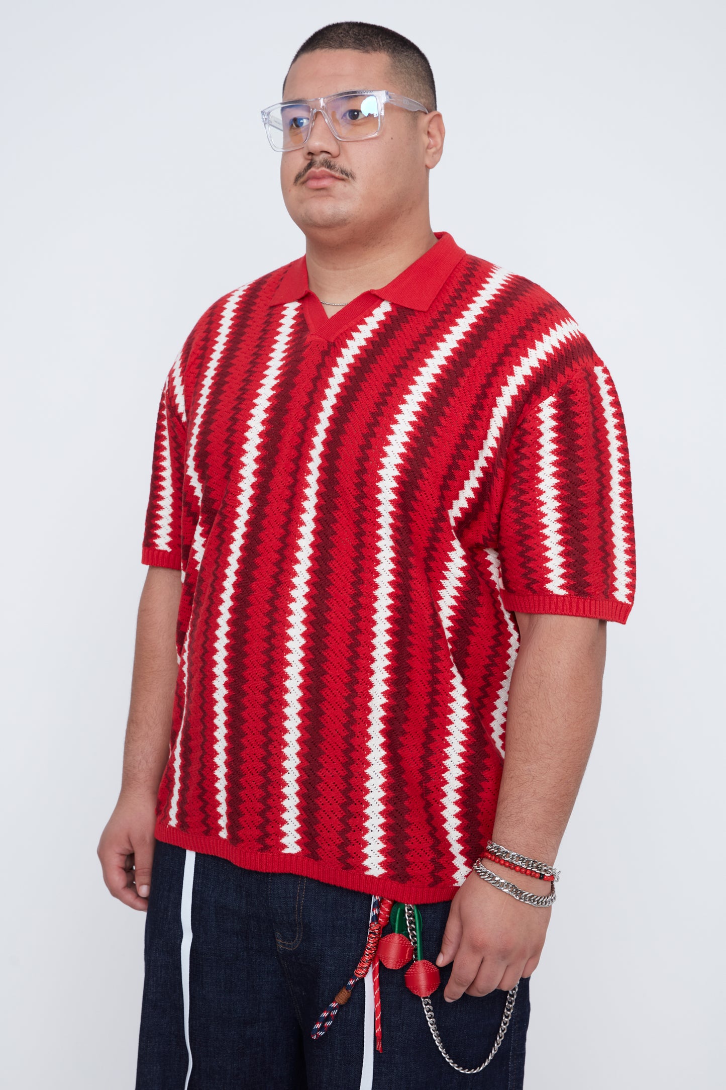 Men's Textural Striped Johnny Collar Sweater Knit Polo