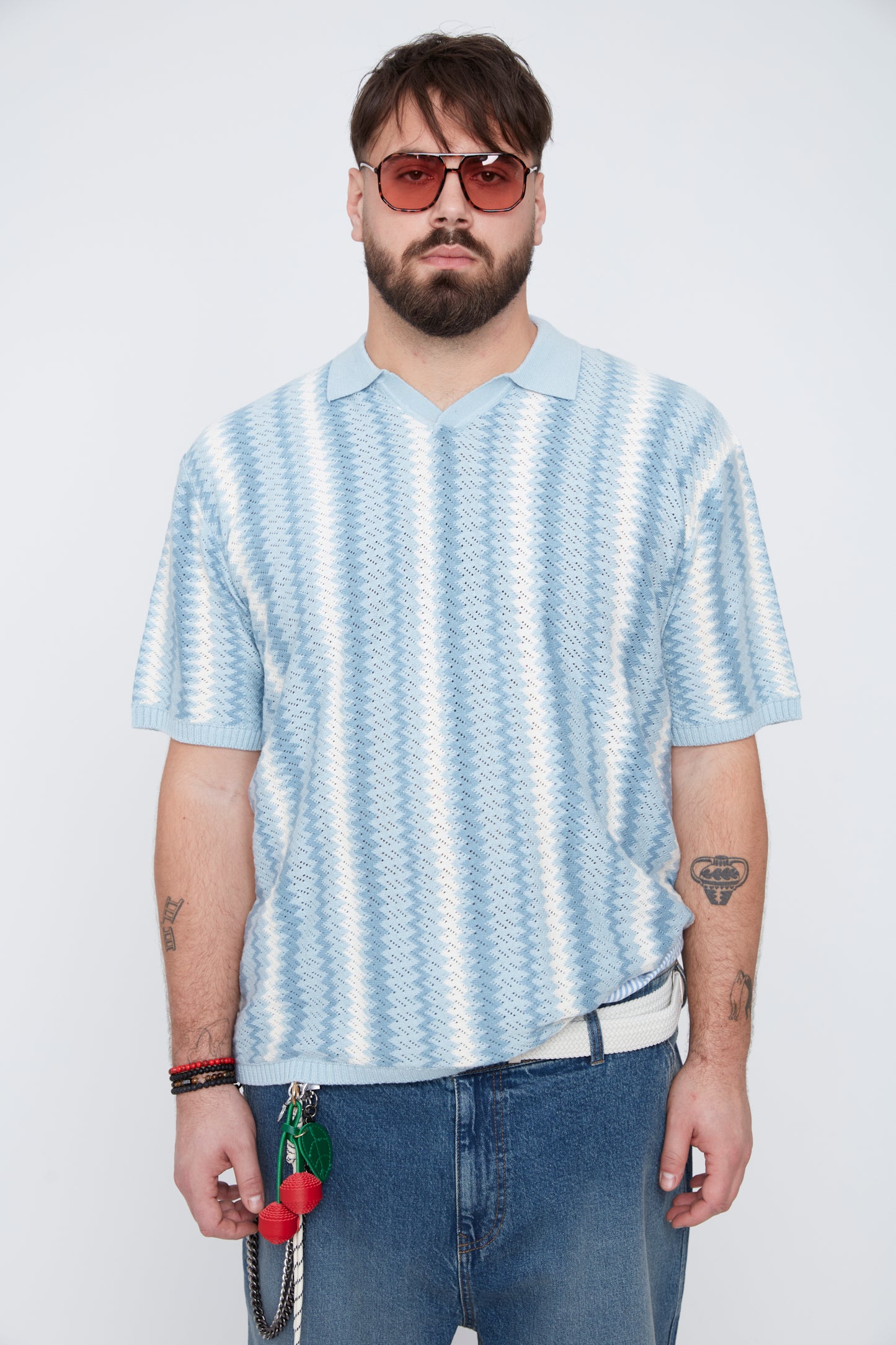 Men's Textural Striped Johnny Collar Sweater Knit Polo