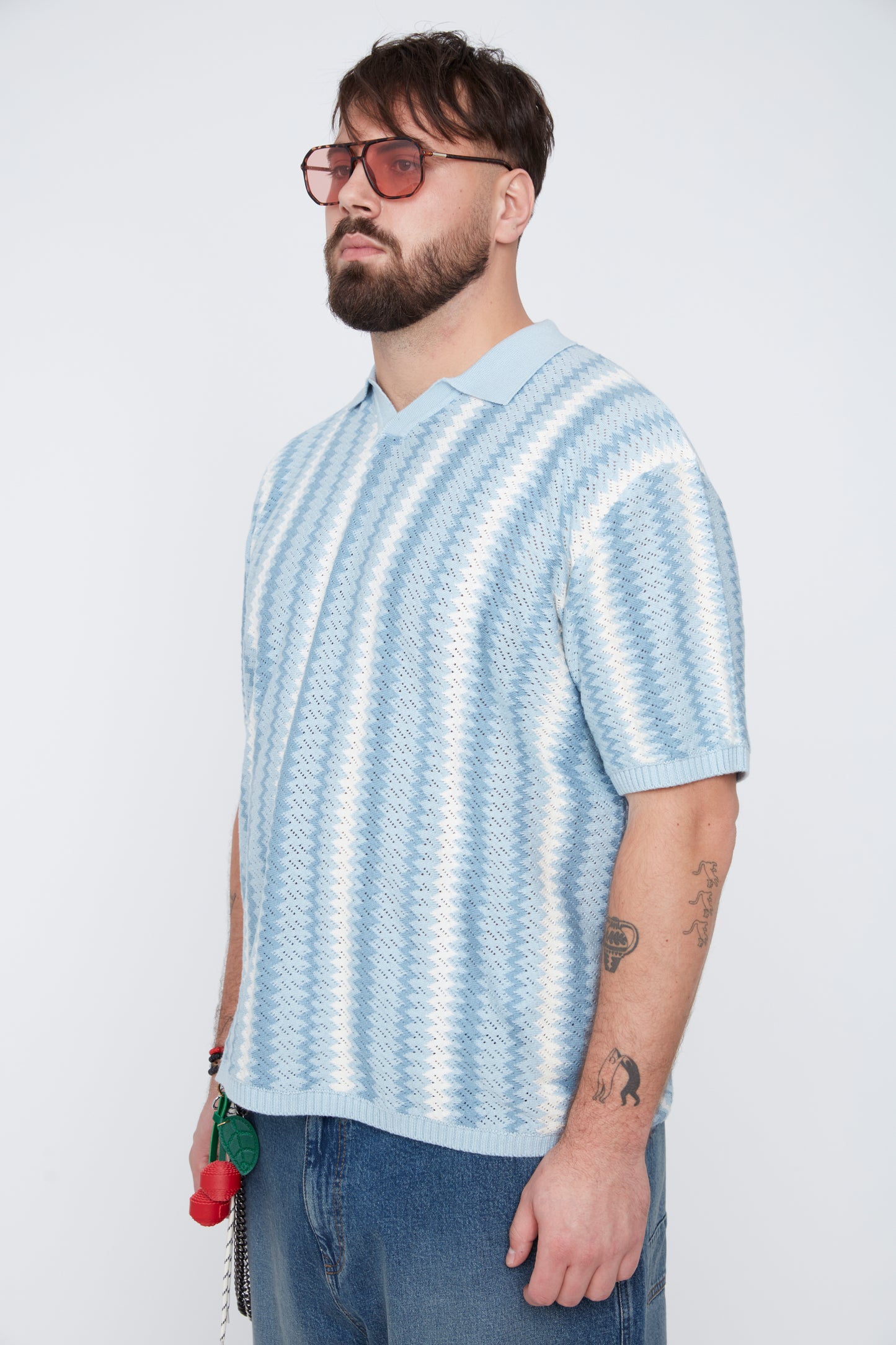 Men's Textural Striped Johnny Collar Sweater Knit Polo