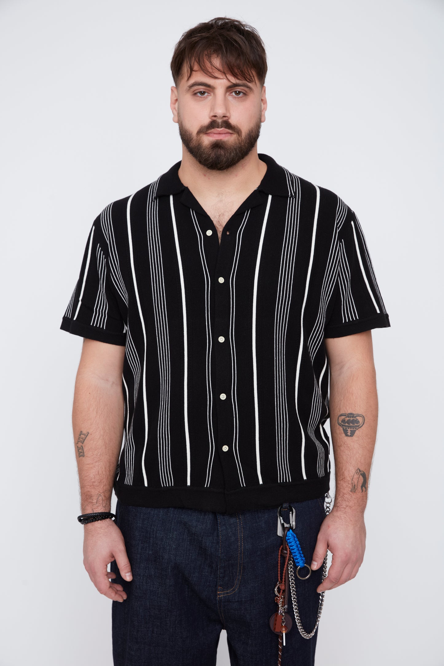 Men’s Button-Up Striped Knit Resort Collar Shirt