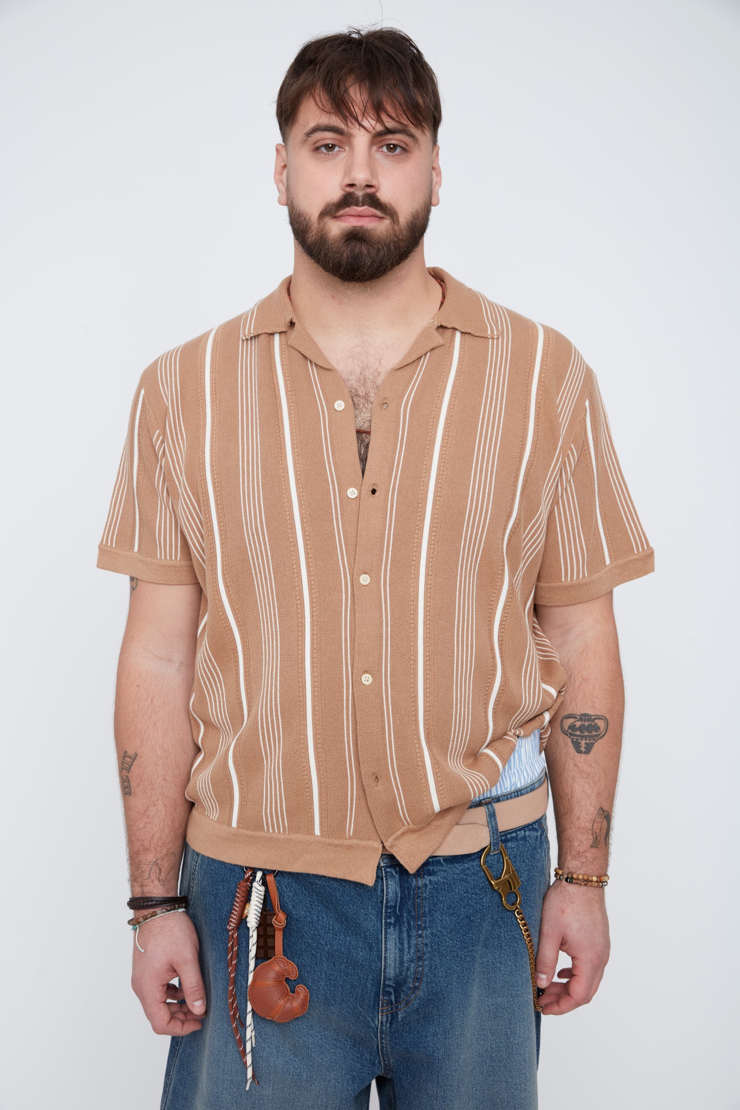 Men’s Button-Up Striped Knit Resort Collar Shirt