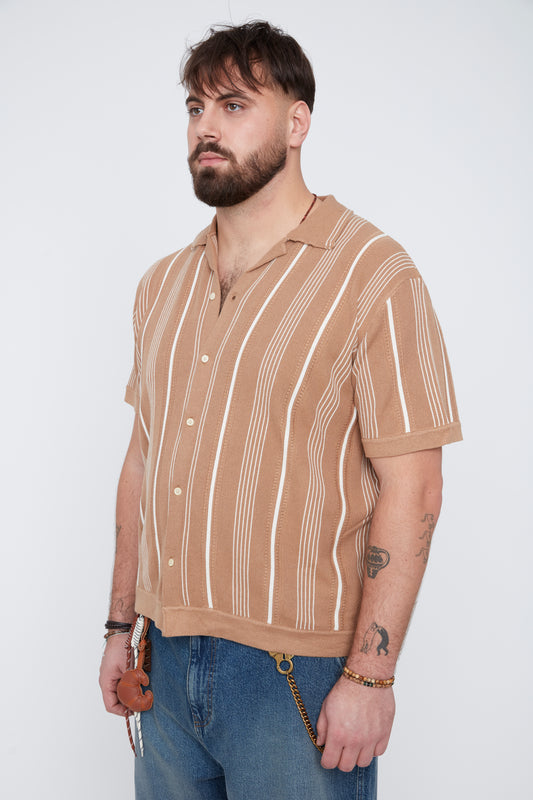Men’s Button-Up Striped Knit Resort Collar Shirt